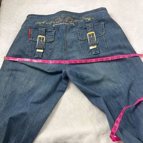 Y2K Apple Bottom Jeans Womens 38 Multi Buckle Detail Baggy Denim Crop Streetwear - Picture 15 of 15